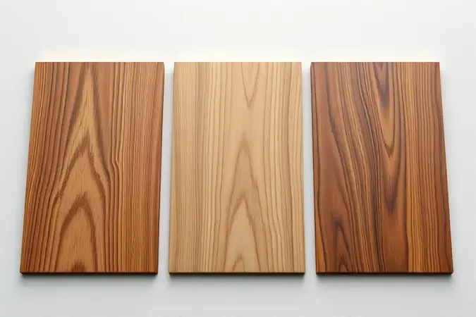 Render 3D mostrando três amostras de acabamento de verniz para madeira fosco acetinado e brilhante lado a lado.
