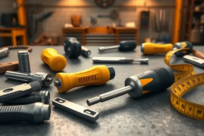 Ambiente industrial moderno conceitual com ferramentas profissionais organizadas em bancada de concreto polido em renderização 3D.