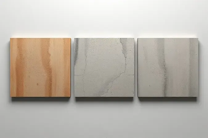 Painéis de amostra de cimento queimado com diferentes variações de textura e tonalidades de cinza
