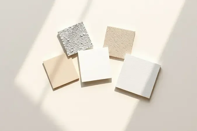 Amostras de cores de rejunte organizadas sobre superfície neutra em composição minimalista 3D com iluminação de estúdio.