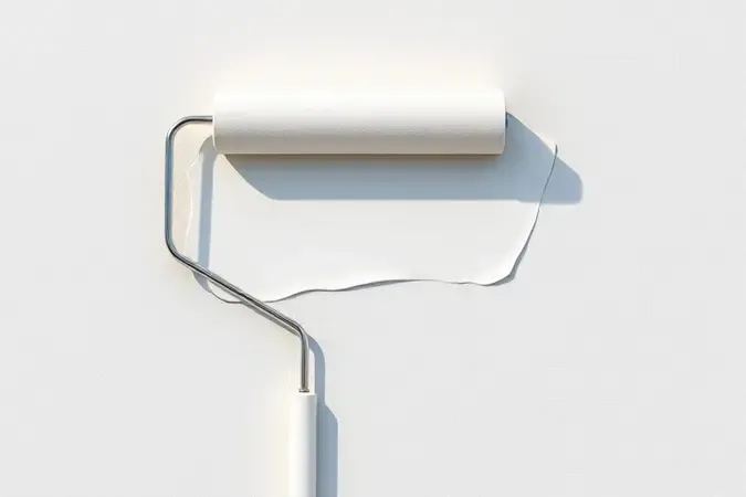 Render 3D de rolo aplicando camada protetora impermeabilizante em superfície de parede externa com textura moderna.