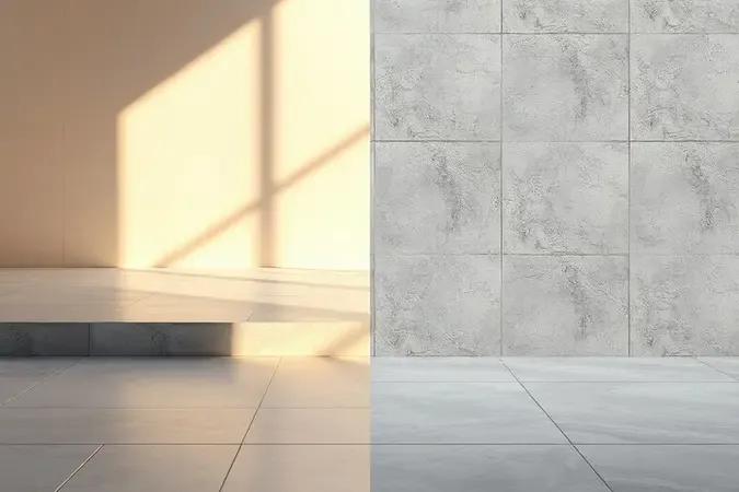Cena conceitual dividida mostrando aplicação de argamassa em ambiente interno com luz quente e externo com luz solar.