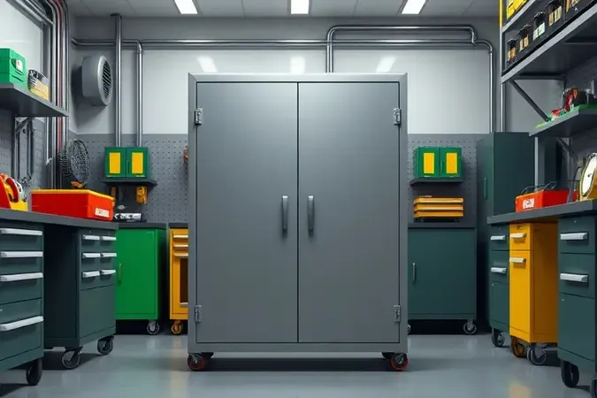 Renderização 3D de armário de ferramentas fechado com sistema de trava visível em ambiente de oficina seguro e organizado.