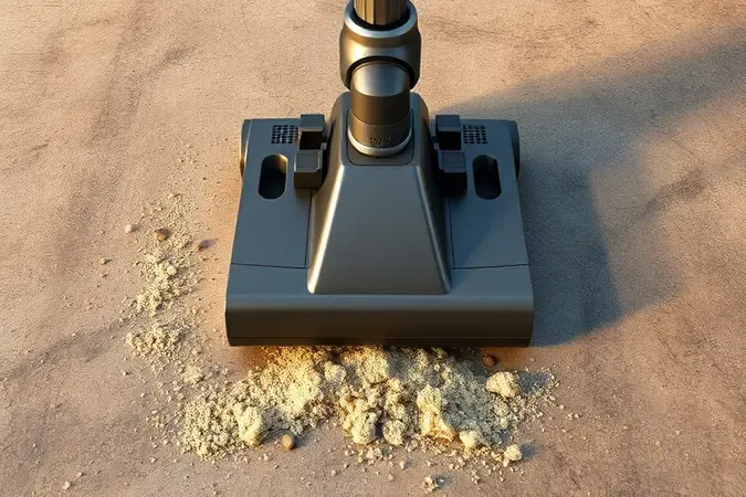 Cena conceitual 3D de aspirador de pó potente realizando limpeza pesada em piso de concreto com fluxo de ar visível