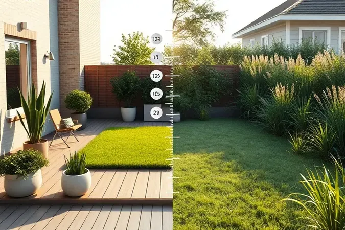 Cena conceitual 3D dividida entre jardim urbano compacto e quintal amplo com vegetação densa para ilustrar diferentes necessidades de roçadeira.