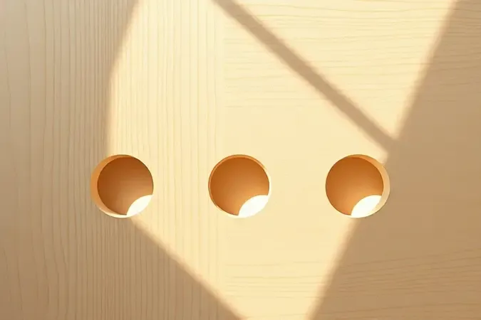 Render 3D conceitual de painel de madeira com furos perfeitamente circulares demonstrando precisão e qualidade profissional.