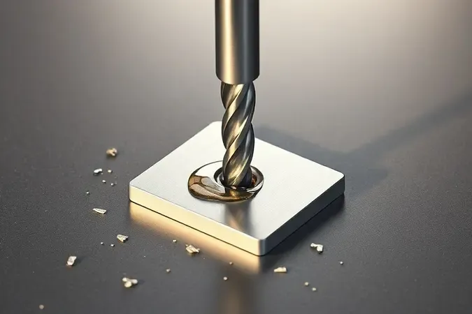 Broca escalonada perfurando chapa de alumínio com gota de óleo de corte e cavacos metálicos ao redor em render 3D.
