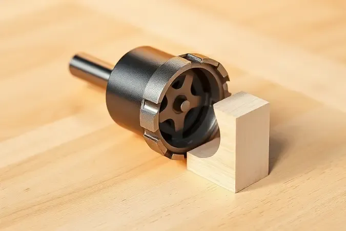 Broca Forstner sem marca em render 3D ao lado de furo circular perfeito em bloco de madeira