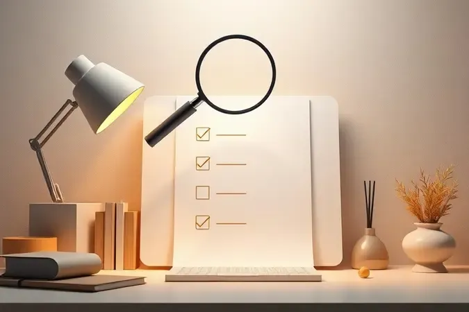 Renderização 3D conceitual com lupa sobre checklist simbolizando análise criteriosa antes da compra de ferramentas.