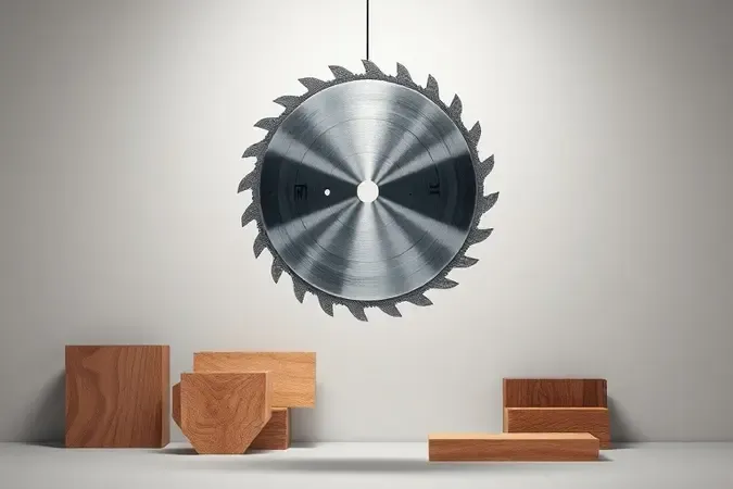 Renderização 3D conceitual de disco de serra circular flutuando sobre formas geométricas de madeira representando critérios de escolha