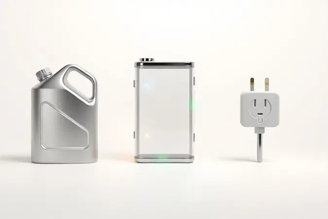 Comparação conceitual 3D entre três fontes de energia para roçadeiras: combustível, bateria e elétrica dispostas em fundo neutro.
