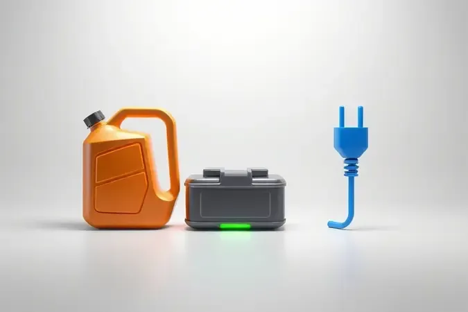 Comparação conceitual entre fontes de energia para sopradores de folhas: gasolina, bateria e elétrico em renderização 3D