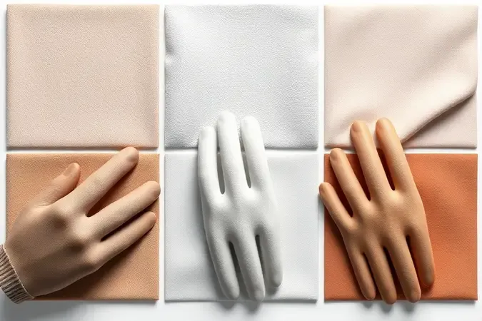 Render 3D conceitual comparando texturas de diferentes materiais de luvas descartáveis em composição moderna e minimalista.