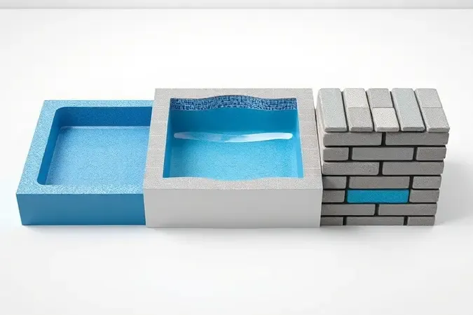 Render 3D comparativo de cortes de piscinas de vinil, fibra de vidro e alvenaria com texturas distintas lado a lado.