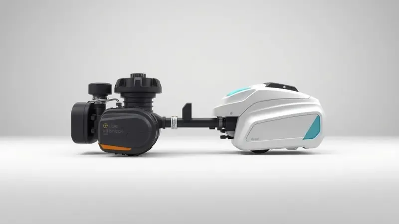 Comparação conceitual entre roçadeira a gasolina e elétrica em render 3D, destacando designs modernos e materiais realistas.