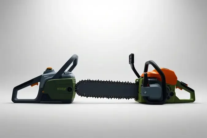 Comparação conceitual entre serra elétrica para poda compacta e motosserra comum maior em renderização 3D.
