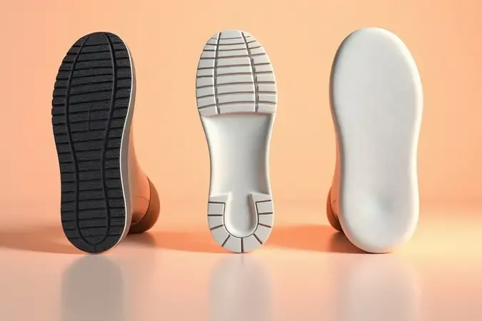 Comparação visual de três tipos de solado para botas de proteção: borracha, PVC e poliuretano em renderização 3D.