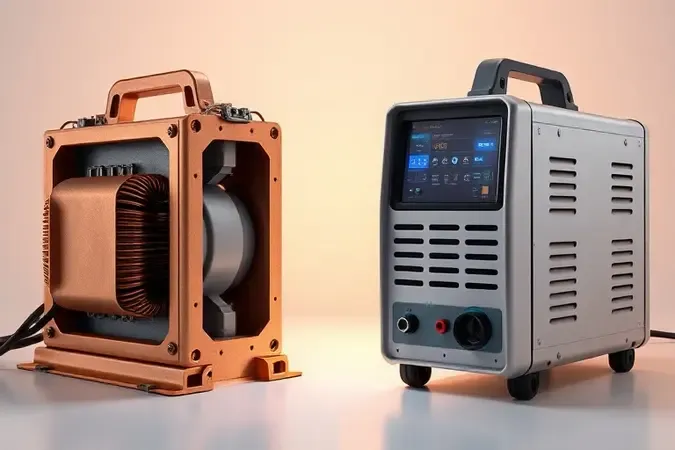 Comparação conceitual 3D entre máquina de solda transformadora tradicional e inversora moderna