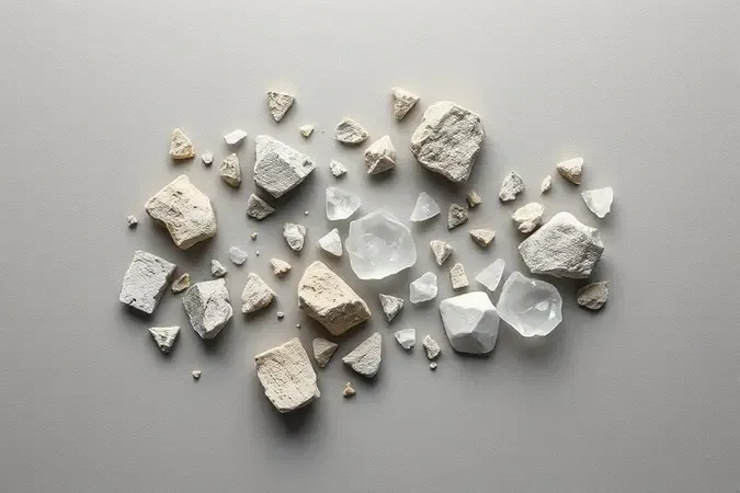 Componentes naturais do cimento Portland como calcário, argila e gesso dispostos artisticamente em renderização 3D conceitual.
