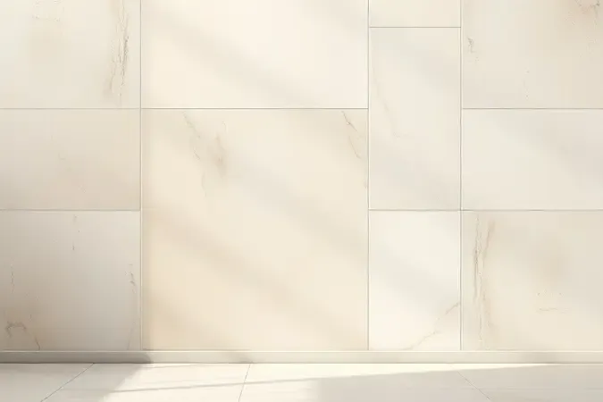 Degradê de painéis de porcelanato em tons neutros para sala com iluminação suave.