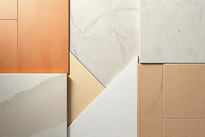 Paleta conceitual de cores e estilos de porcelanato para banheiro com tons terracota, verde-sálvia e bege.