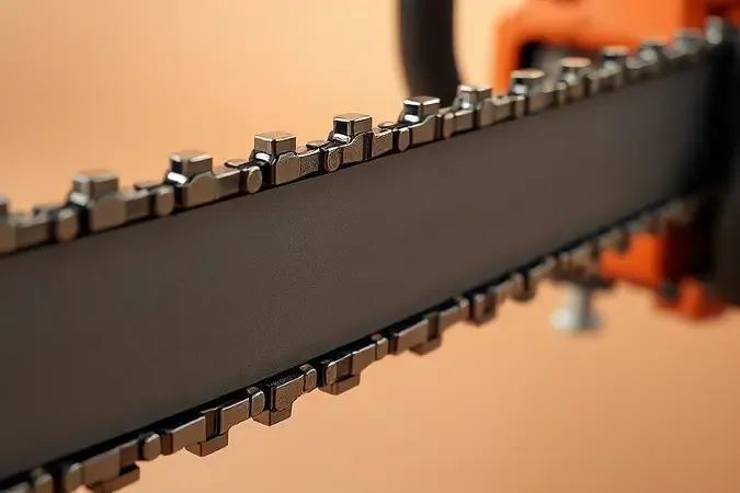 Close-up conceitual em 3D da corrente e barra de uma motosserra moderna com texturas metálicas realistas e iluminação profissional