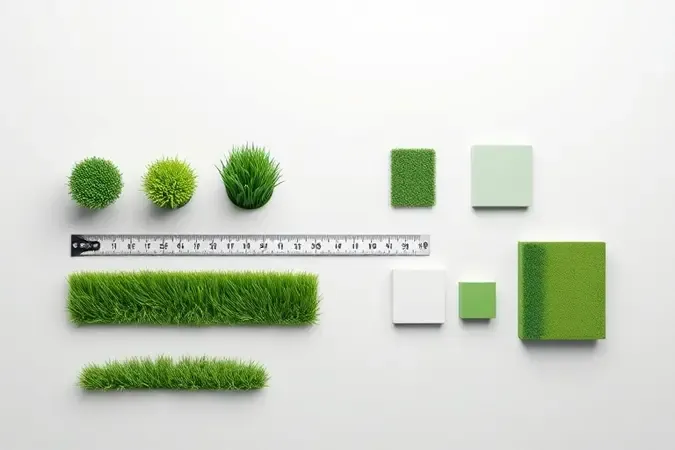 Composição 3D conceitual representando critérios para escolha de cortador de grama com amostras de altura de grama.
