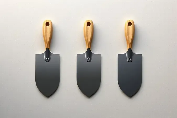 Três desempenadeiras conceituais com diferentes perfis de borda e formato de lâmina em render 3D moderno sobre superfície neutra