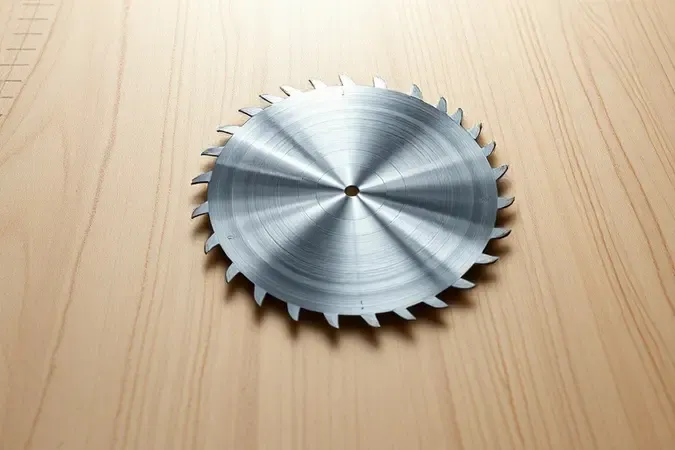 Render 3D conceitual de lâmina de serra circular sobre superfície de madeira clara com guias de medição em estilo minimalista