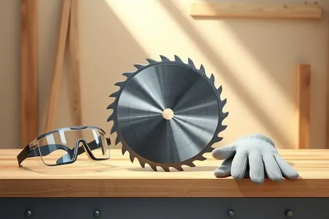 Renderização 3D conceitual de disco de serra circular com equipamentos de proteção simbolizando cuidados e segurança no uso