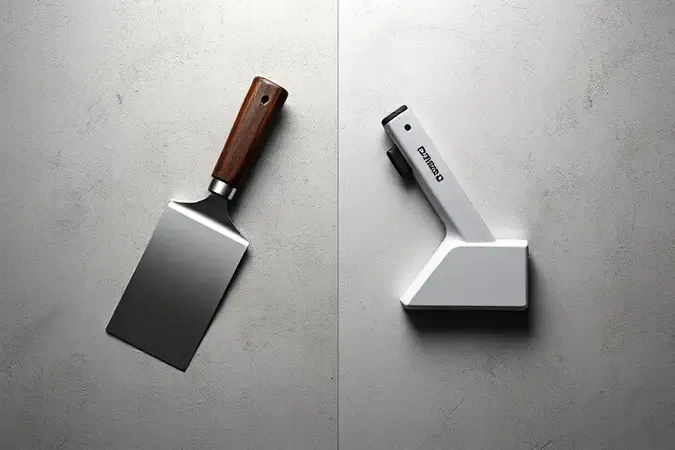Comparação conceitual entre desempenadeira manual de aço e ferramenta elétrica moderna em render 3D com iluminação dividida