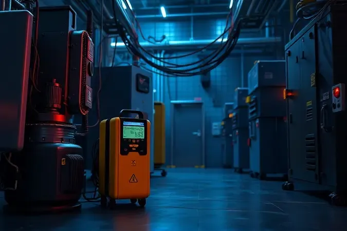 Detector de alta tensão industrial em renderização 3D conceitual próximo a equipamentos elétricos de potência