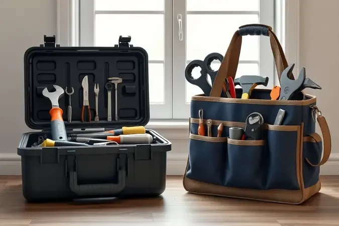 Comparação em renderização 3D entre caixa de ferramentas rígida e bolsa de ferramentas flexível lado a lado
