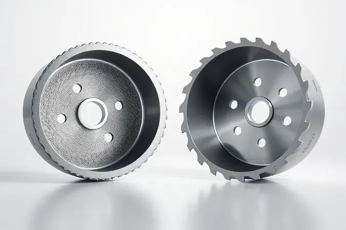 Comparação lado a lado entre serra copo diamantada e serra copo comum com dentes metálicos em renderização 3D.