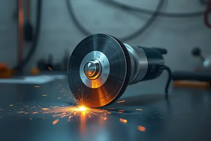 Render 3D conceitual de disco de desbaste em contato com superfície metálica gerando partículas de faísca estilizadas.