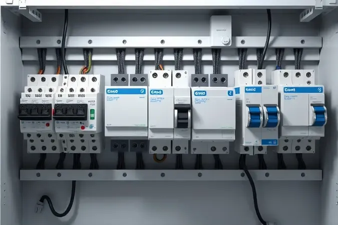 Render 3D conceitual de disjuntores organizados em trilho DIN dentro de quadro de distribuição moderno.