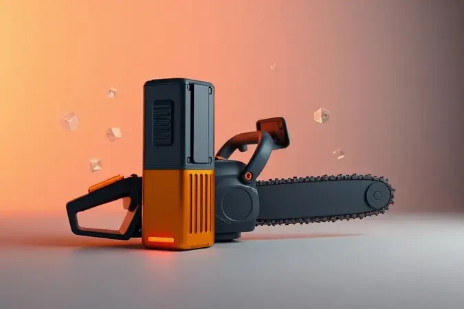 Render 3D conceitual de bateria e motosserra a bateria lado a lado representando ecossistema e custo-benefício