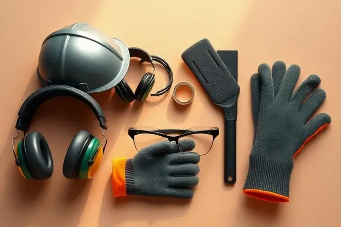 Render 3D de equipamentos de proteção individual modernos para jardinagem, incluindo capacete, luvas e óculos de segurança.