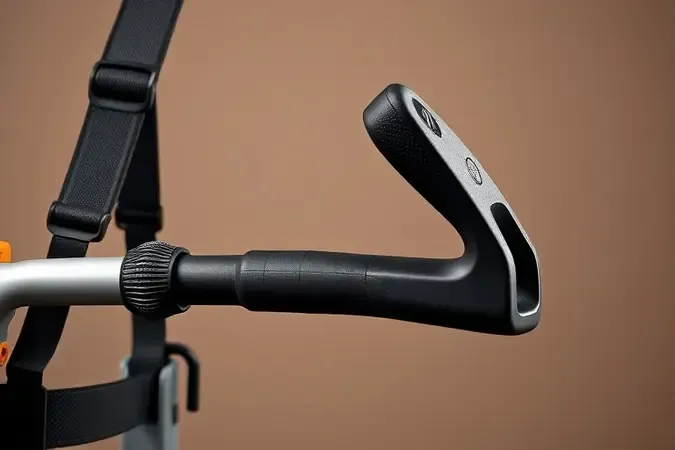 Renderização 3D detalhada de cinturão acolchoado e empunhaduras ergonômicas de roçadeira com foco em conforto.