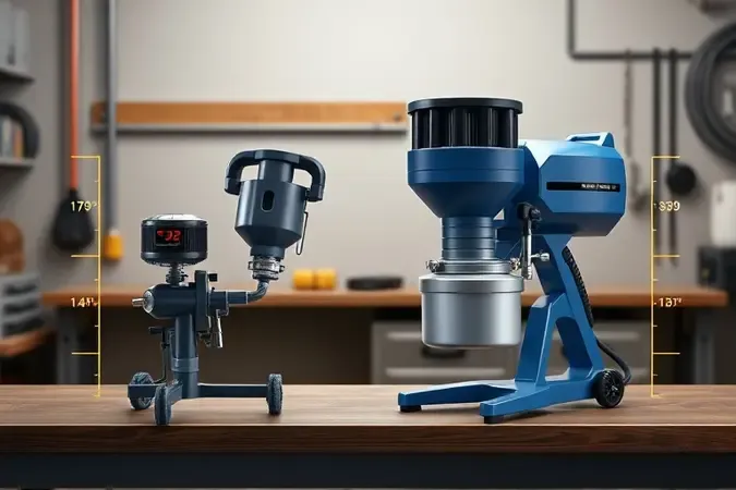 Render 3D comparando dois pulverizadores airless lado a lado em bancada profissional para escolha de equipamento.