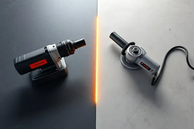 Render 3D conceitual comparando esmerilhadeira a bateria e com fio em composição dividida com iluminação contrastante.