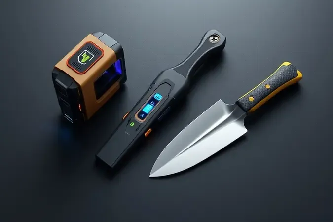 Ferramentas modernas para pedreiro com design contemporâneo incluindo nível a laser, medidor digital e colher ergonômica.