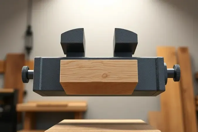 Renderização 3D de morsa de bancada segurando bloco de madeira entre mordentes, demonstrando função de fixação em oficina.