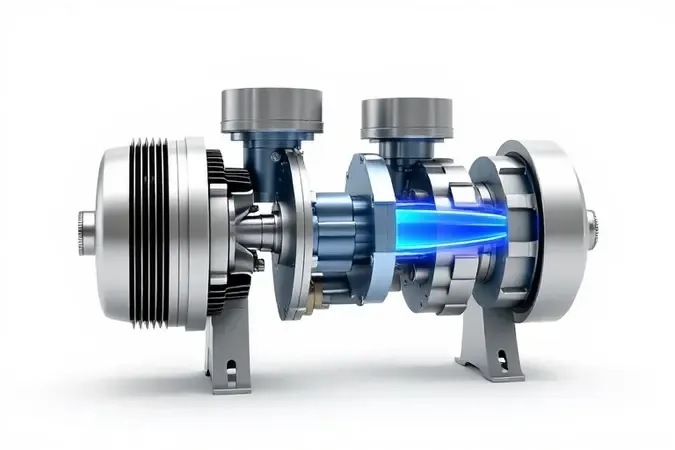 Renderização 3D conceitual do mecanismo interno de compressor de ar direto com motor acoplado diretamente à bomba e fluxo de ar destacado em azul.