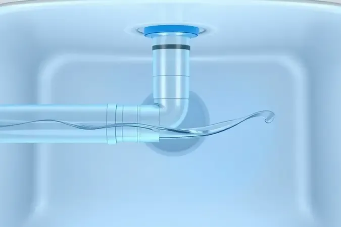 Ilustração 3D conceitual do funcionamento de um sifão, mostrando o selo hídrico que bloqueia odores em tubulação de pia.