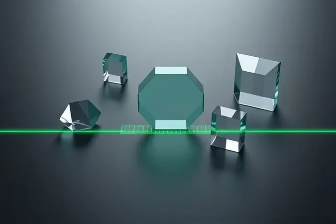 Composição 3D abstrata com formas geométricas e feixes de laser verde simbolizando critérios de escolha de nível a laser.