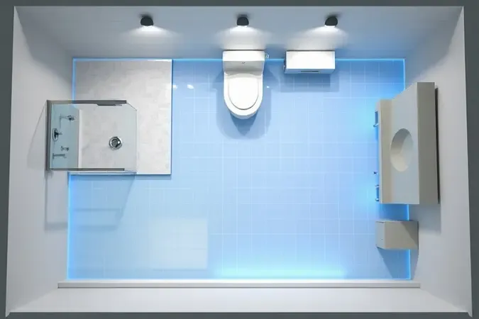Planta baixa conceitual de banheiro de apartamento com camada impermeabilizante destacada em renderização 3D