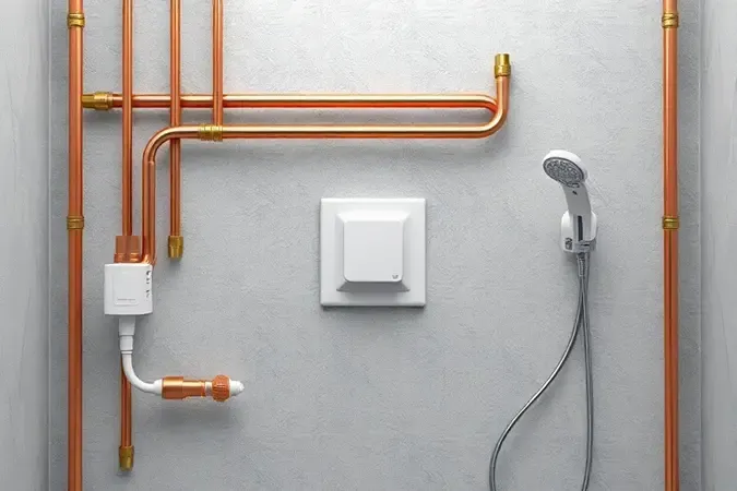 Renderização 3D conceitual de instalação elétrica segura para chuveiro com fiação de cobre e materiais isolantes segundo normas técnicas.