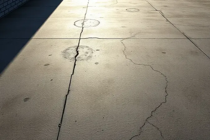 Laje de concreto exposta com poças de água e microfissuras sob luz solar dramática em renderização 3D conceitual.