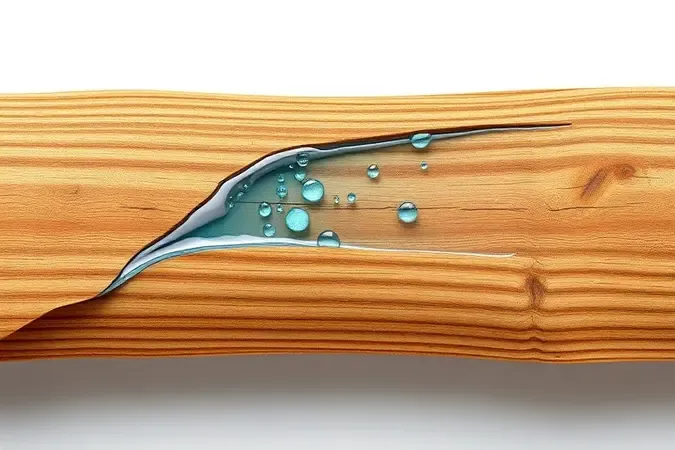 Render 3D conceitual mostrando madeira absorvendo umidade com partículas azuis penetrando a superficie